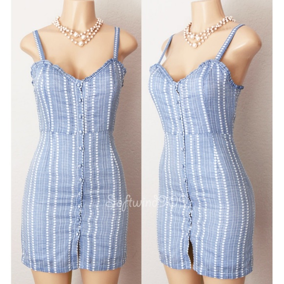 Light Blue Striped Button Cotton Cute Fitted Dress - Picture 2 of 8